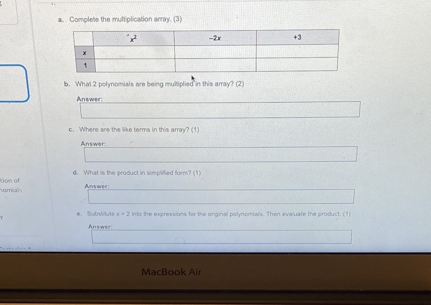 a. Complete the multiplication array. (3) x2 -2x