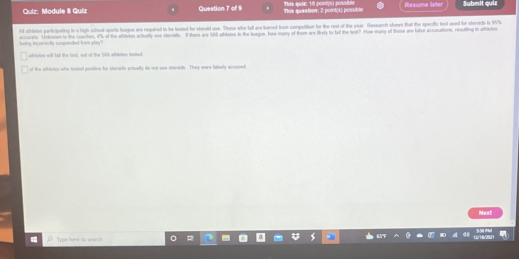 Quiz: Module 8 Quiz Question 7 of 9 This quiz: 18