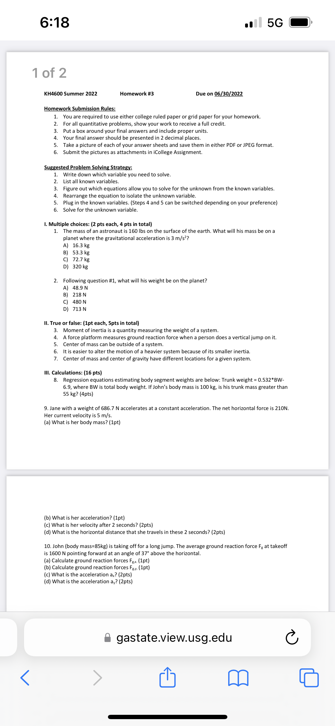 6:18 .1 5G 1 of 2 KH4600 Summer 2022 Homework #3