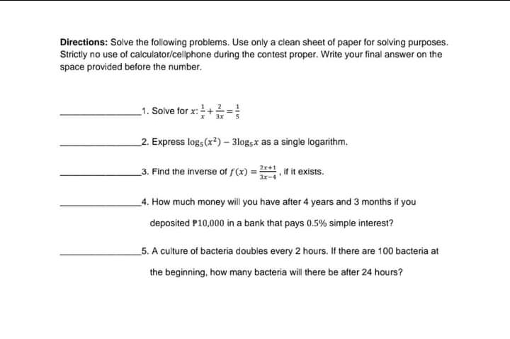Directions: Solve the following problems. Use