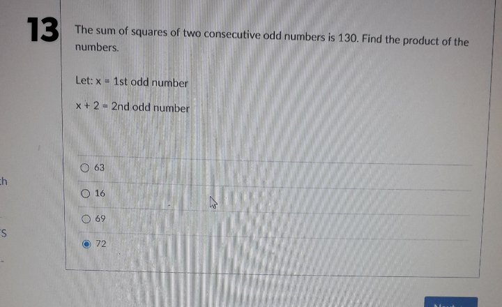 13 The sum of squares of two consecutive odd