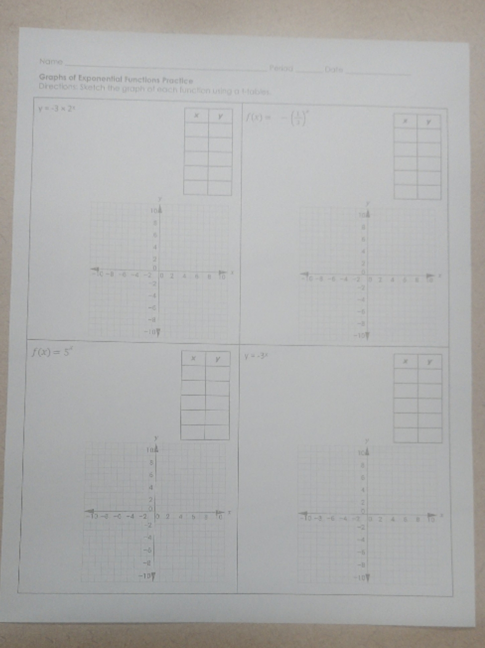 Graph of Exponential Functions Directions: Sketch