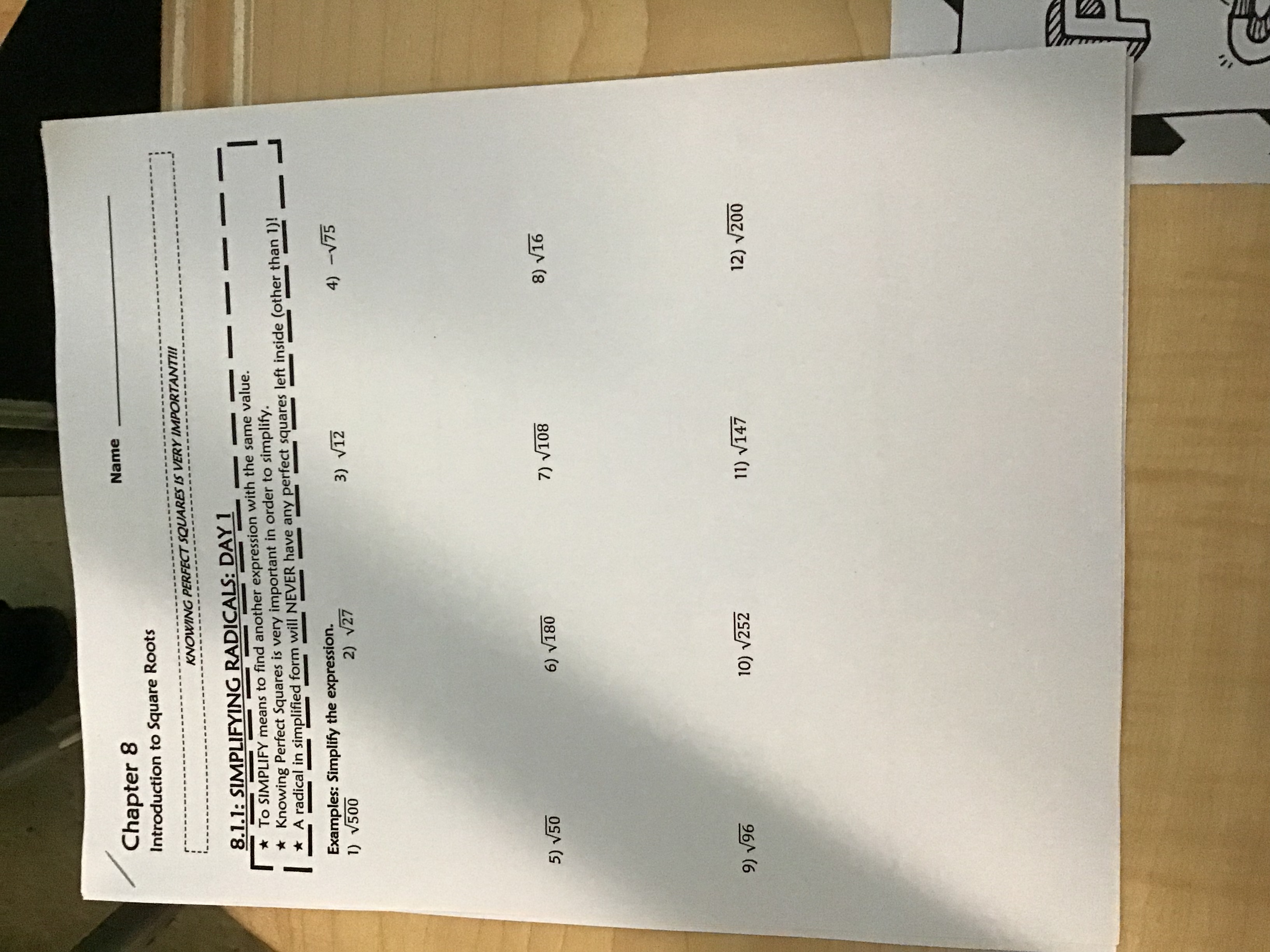 Chapter 8 Name Introduction to Square Roots