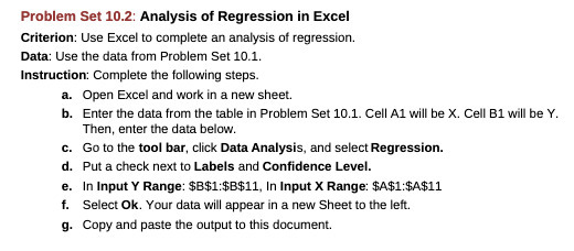 Problem Set 10.2: Analysis of Regression in Excel