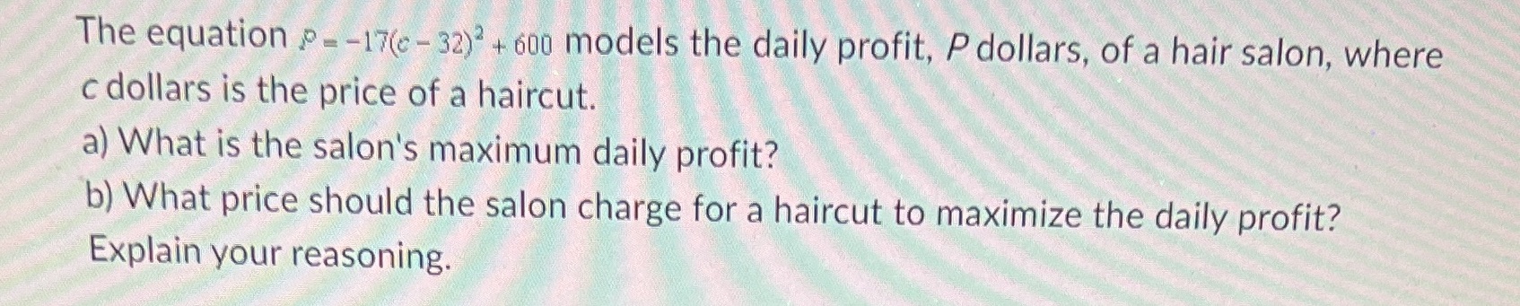 The equation p - -17(e-32)3 + 600 models the