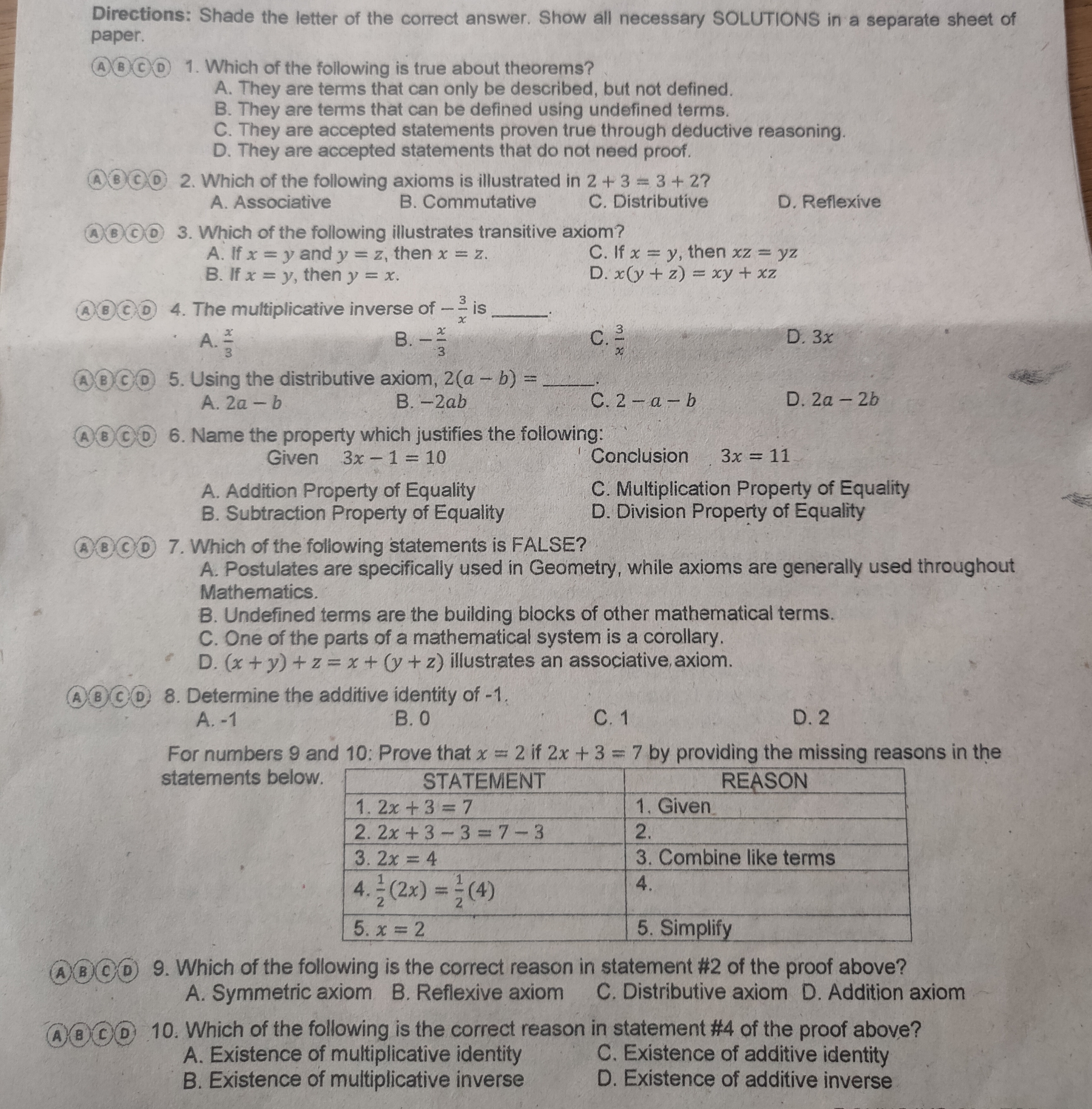 \fABCD 11. In finding the value of x in 2(3x - 2)