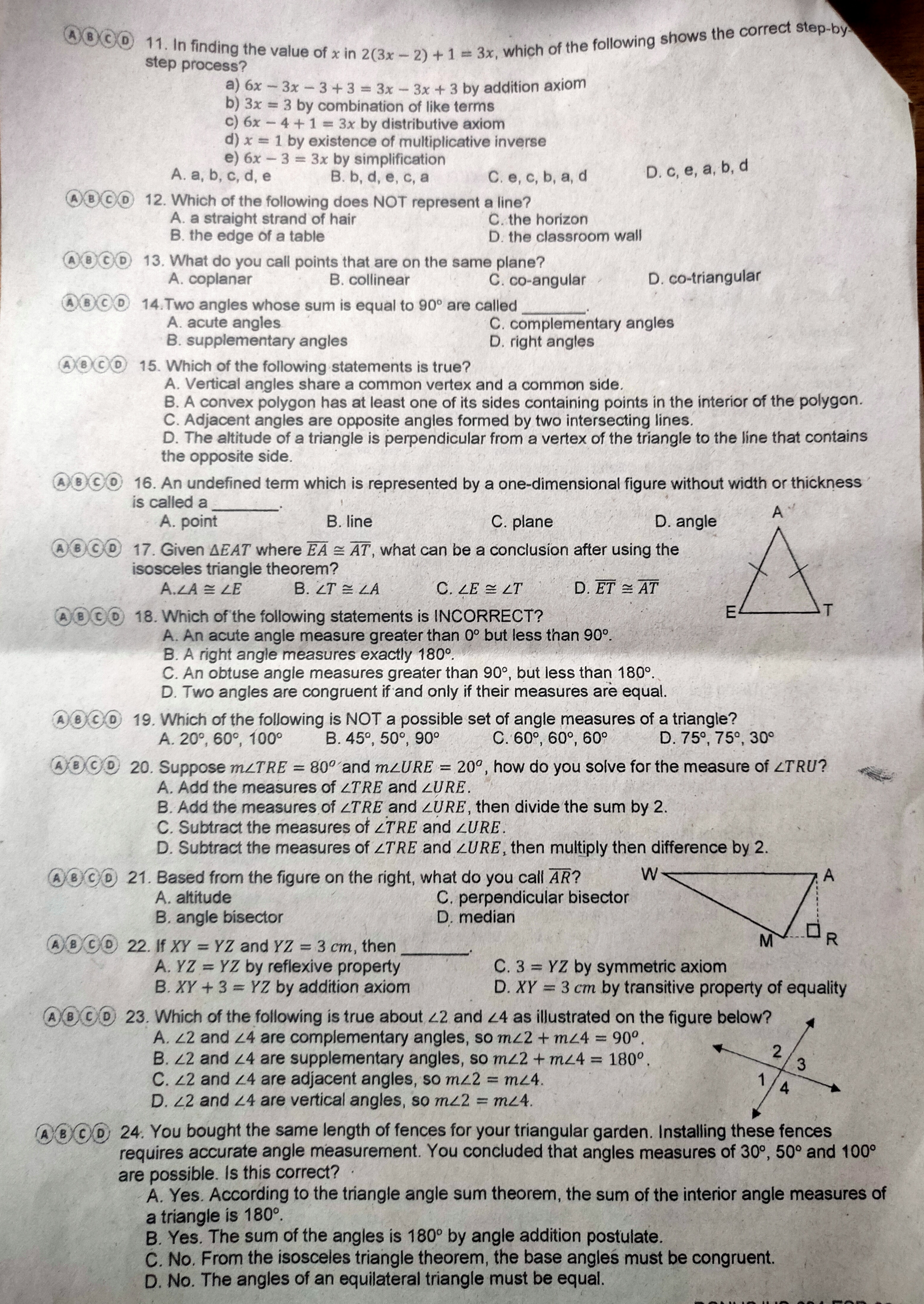 \fABCD 11. In finding the value of x in 2(3x - 2)