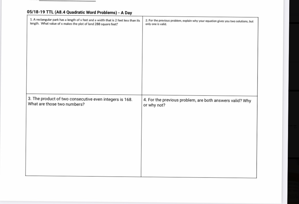 Quadratic word problems 05/18-19 TTL (A8.4