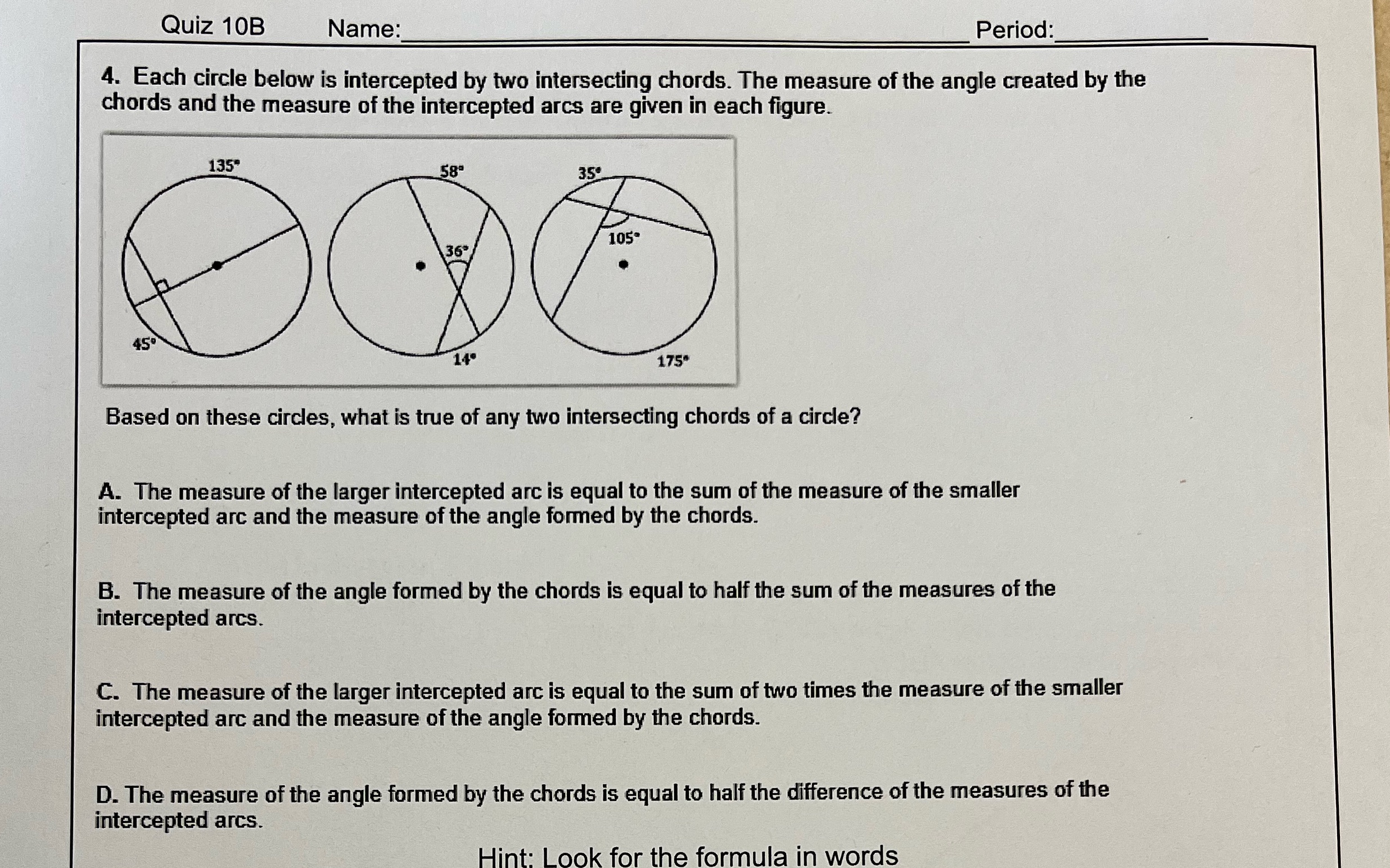 Quiz 10B Name: Period: 4. Each circle below is