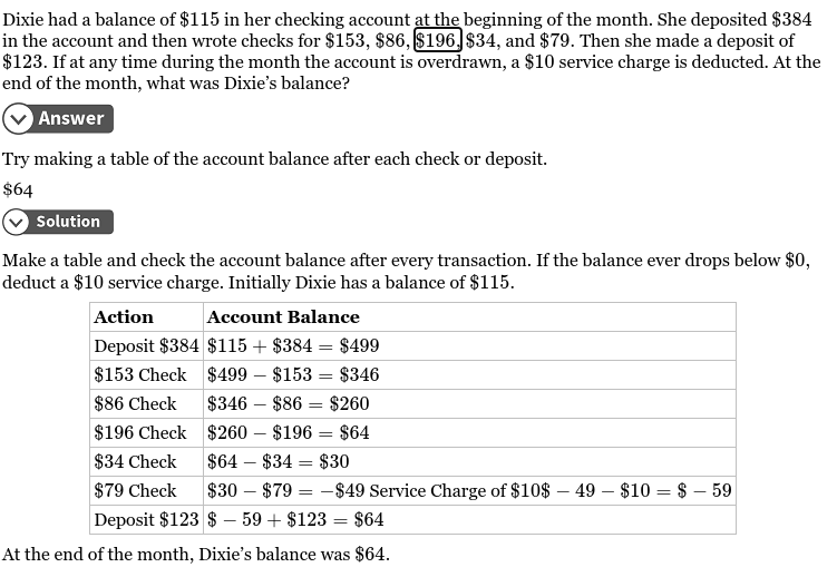Dixie had a balance of $115 in her checking