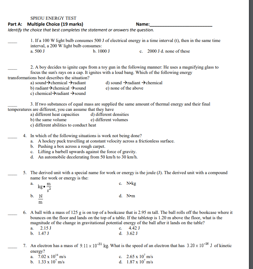 SPHlU ENERGY TEST Part A: Multiple Choice {15