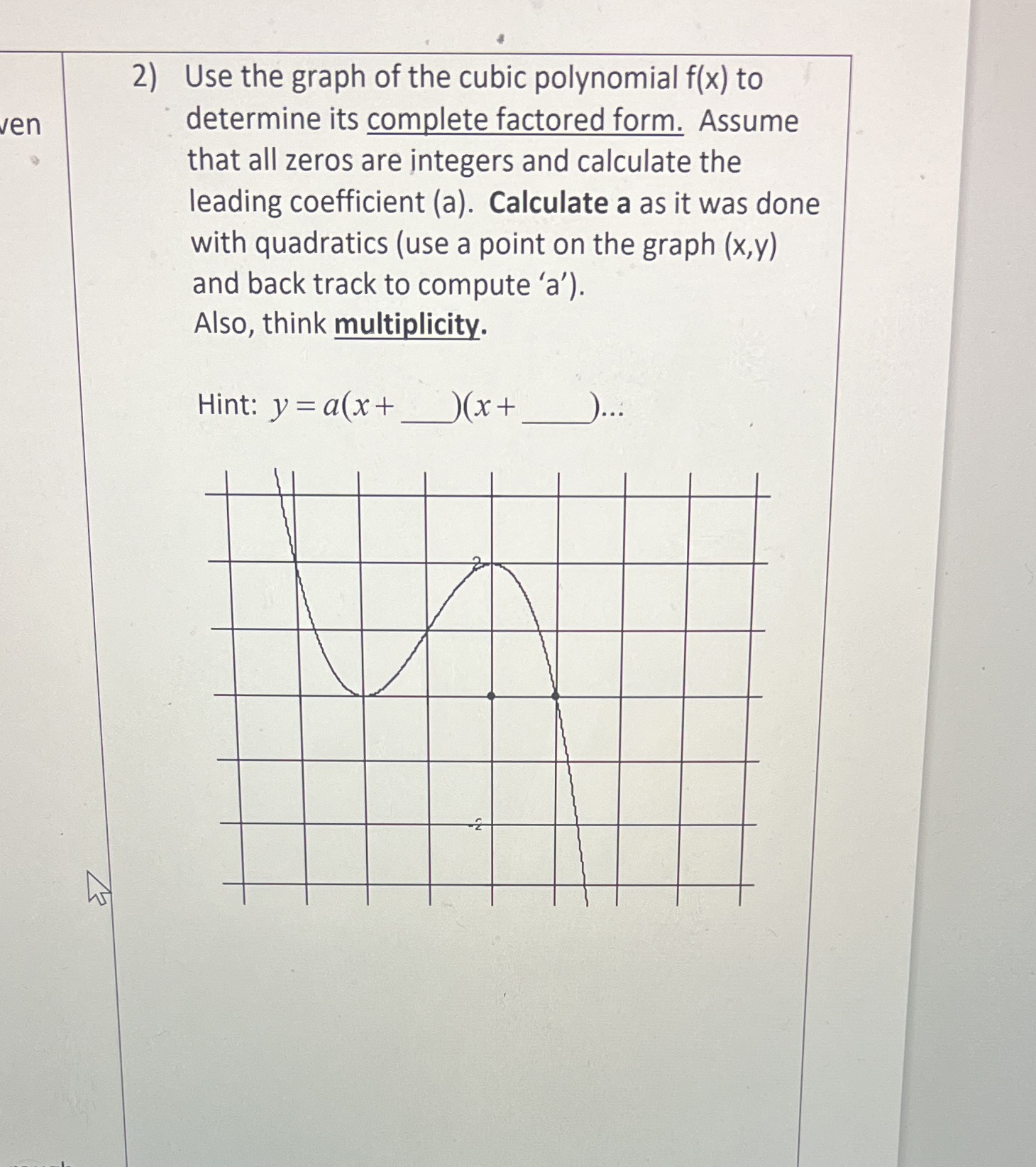 2) Use the graph of the cubic polynomial f(x) to