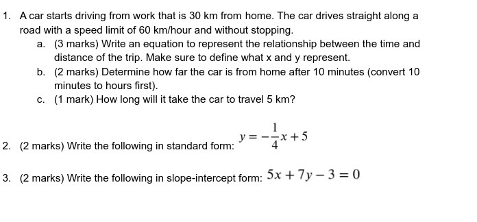 1. A car starts driving from work that is 30 km
