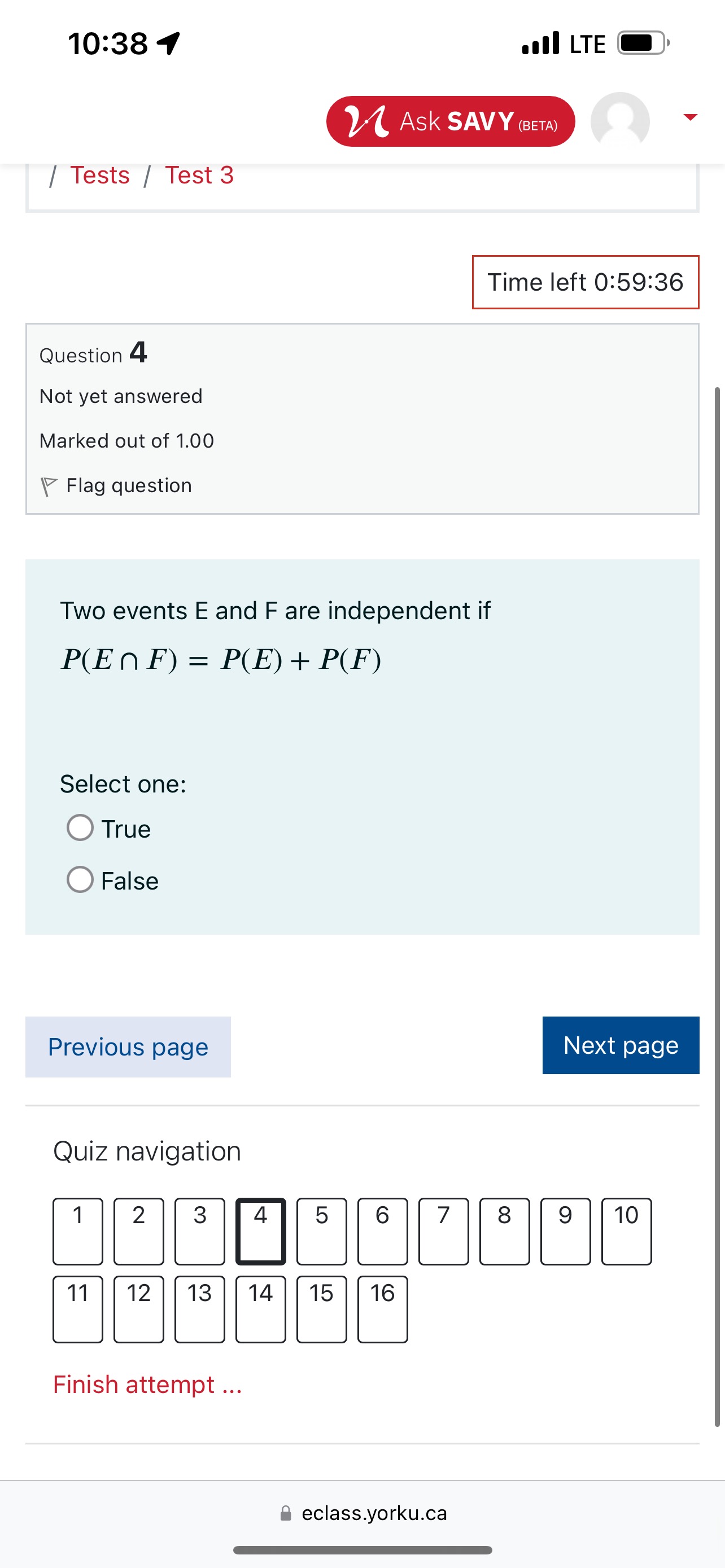 10:38 4 .III LTE (E) v / Tests / Test3 Time left