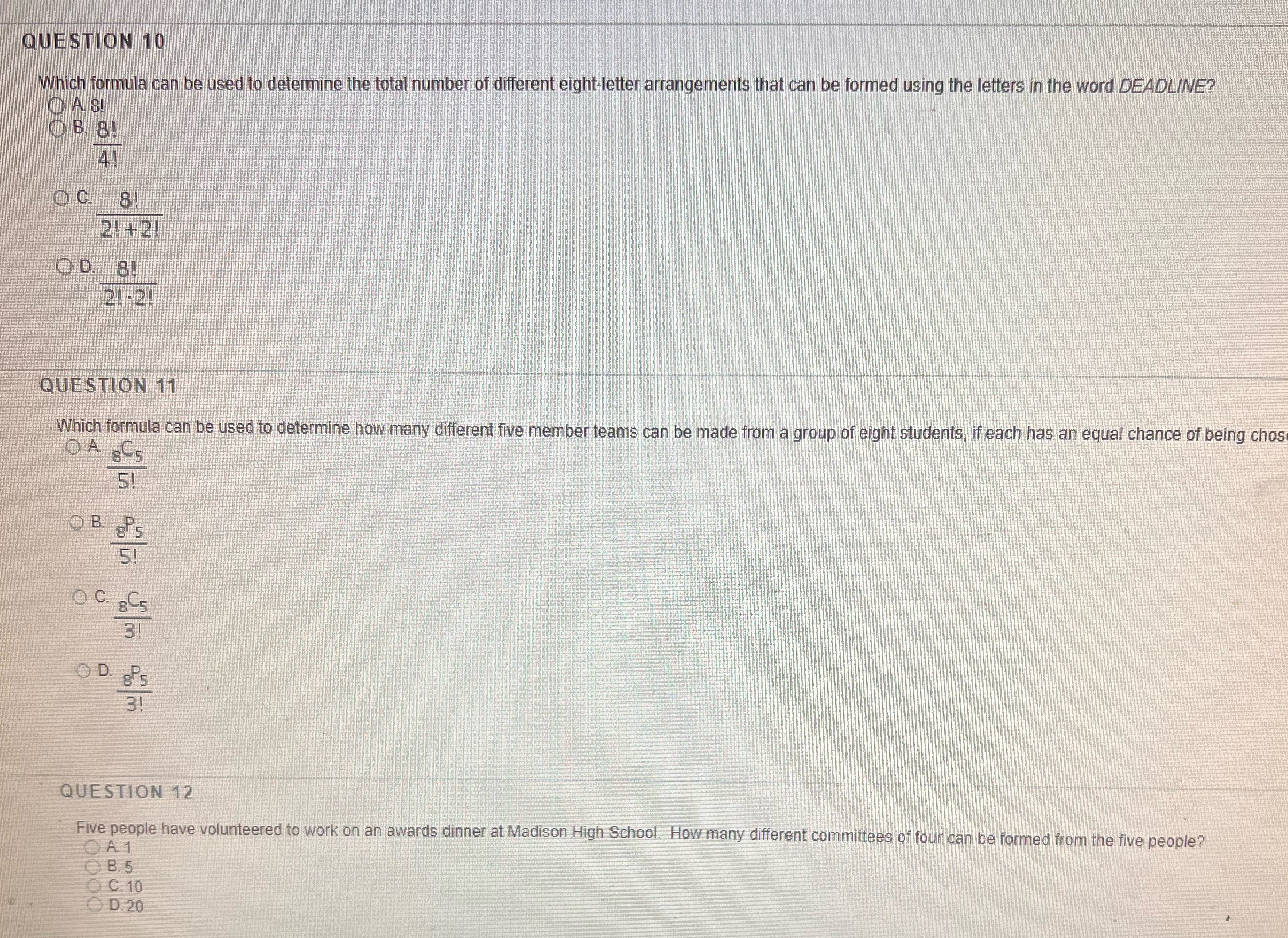 I need answers 3b part1 test algebra QUESTION 10