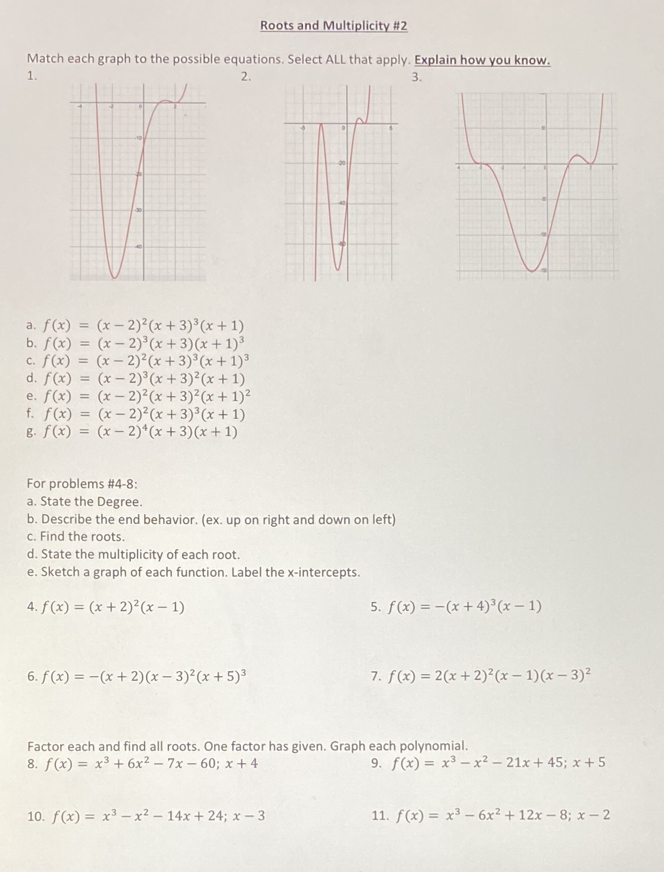Roots and Multiplicity #2 Match each graph to the