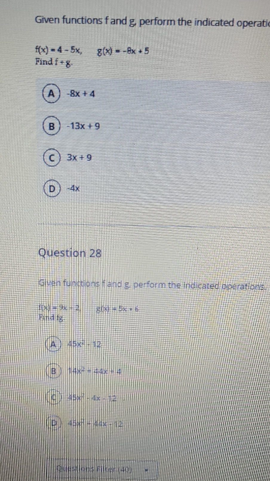27.given functions f and g. perform the indicated