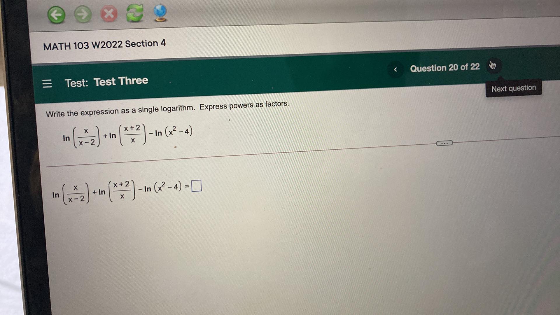 X MATH 103 W2022 Section 4 = Test: Test Three