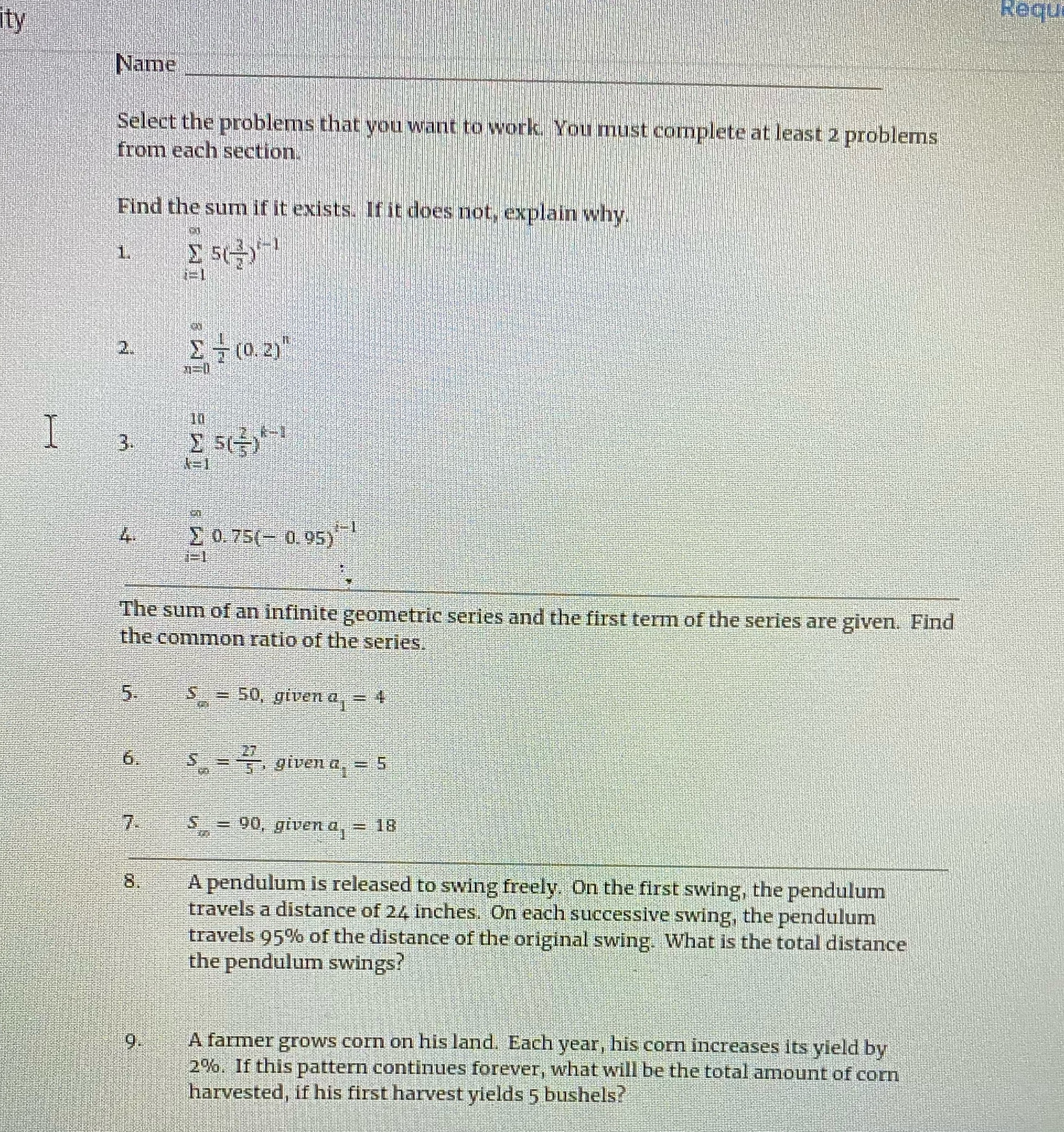 Name Select the problems that you want to work.