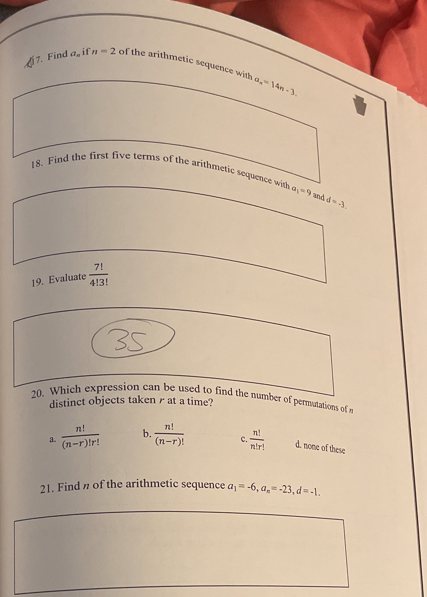 17. Find an if n = 2 of the arithmetic sequence