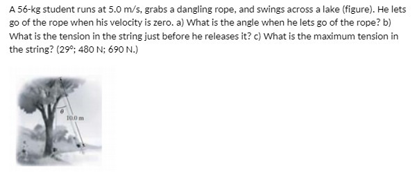 A 56-kg student runs at 5.0 m/s, grabs a dangling