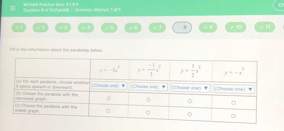 RETAKE Practice Quiz 9.1-9.3 CH Question 8 of 14