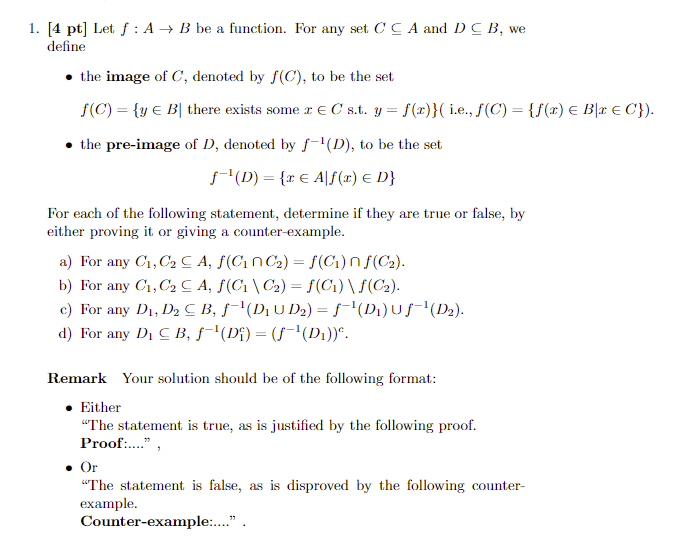 1. [4 pt] Let f : A - B be a function. For any