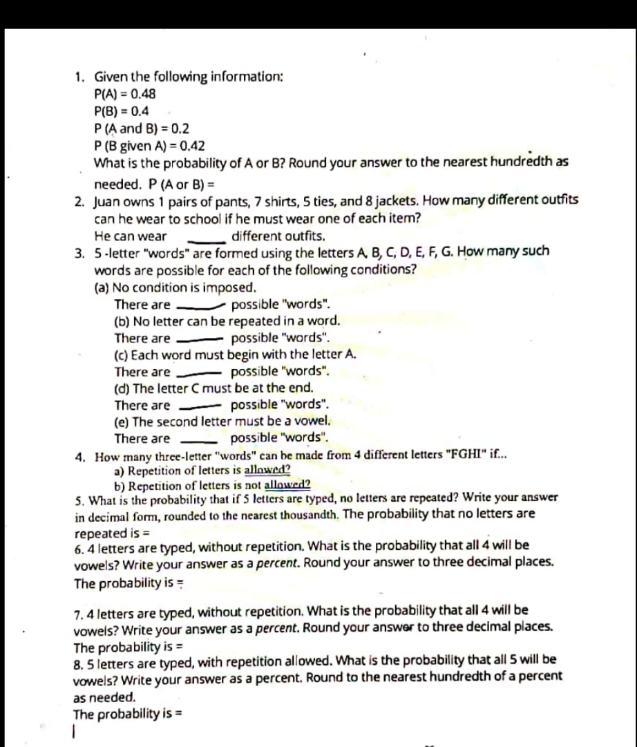 probability and counting 1. Given the following