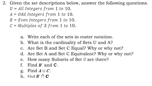 2. Given the set descriptions below, answer the