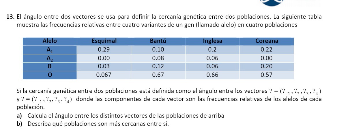 13. El angulo entre dos vectores se usa para