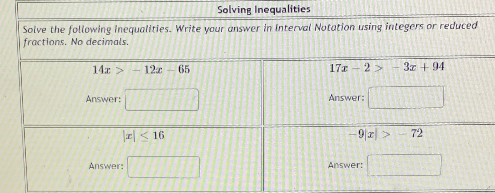 Solving Inequalities Solve the following