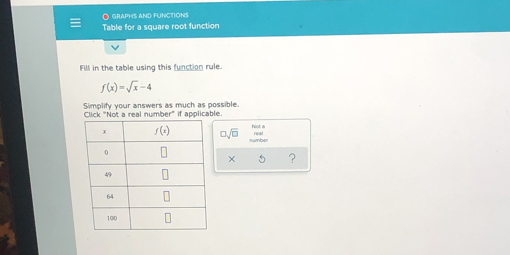 O GRAPHS AND FUNCTIONS Table for a square root