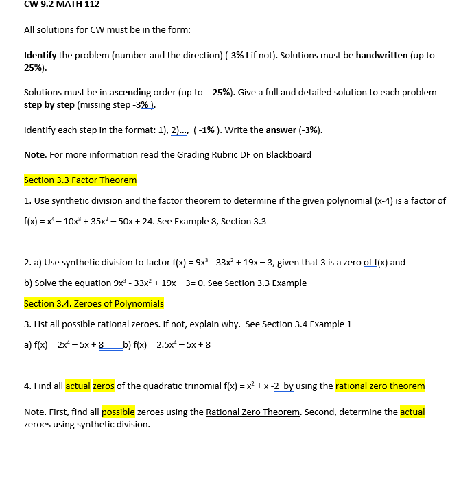 CW 9.2 MATH 112 All solutions for CW must be in