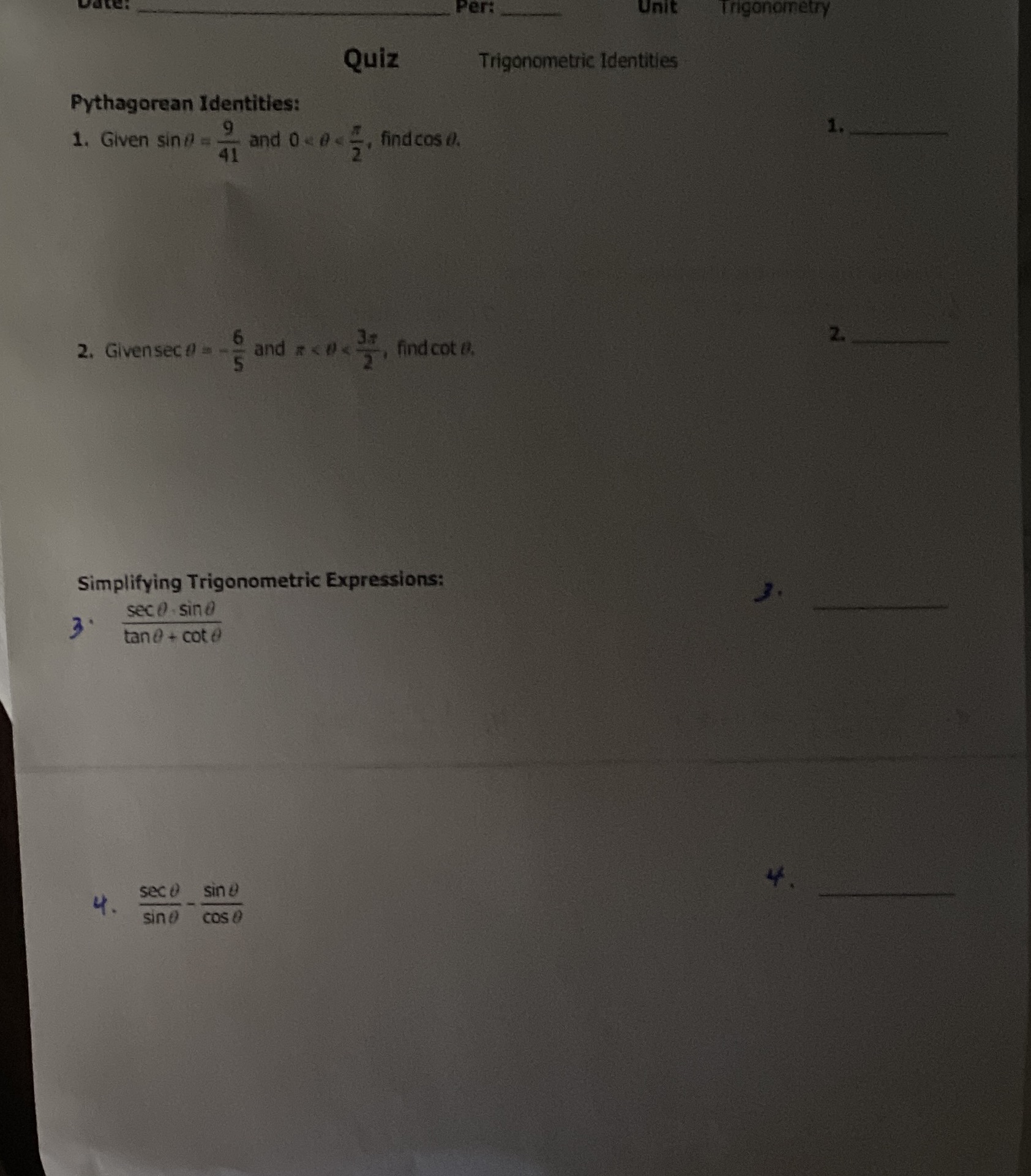 onometry Quiz Trigonometric Identities