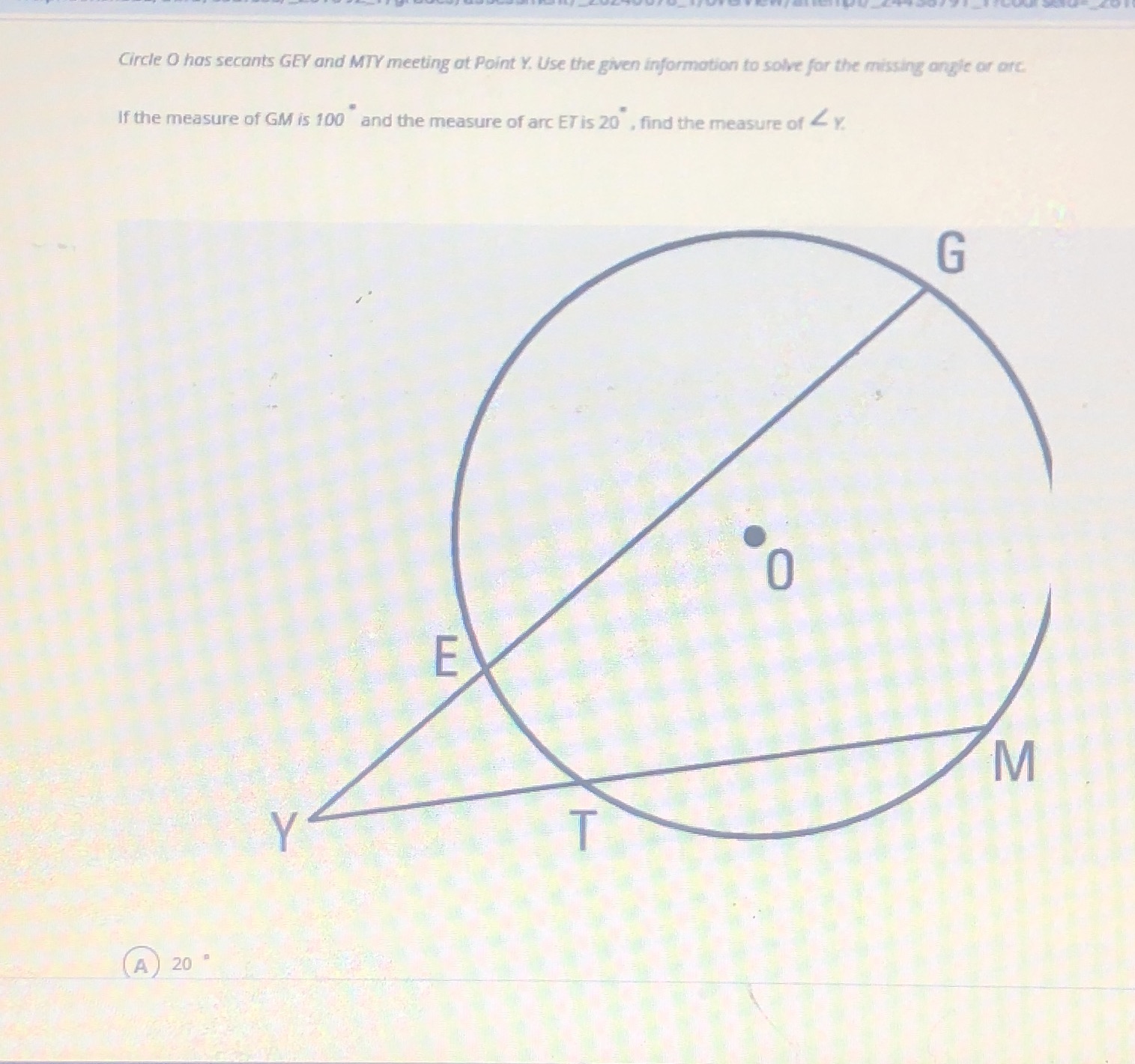 Circle O has secants GEY and MTY meeting at Point