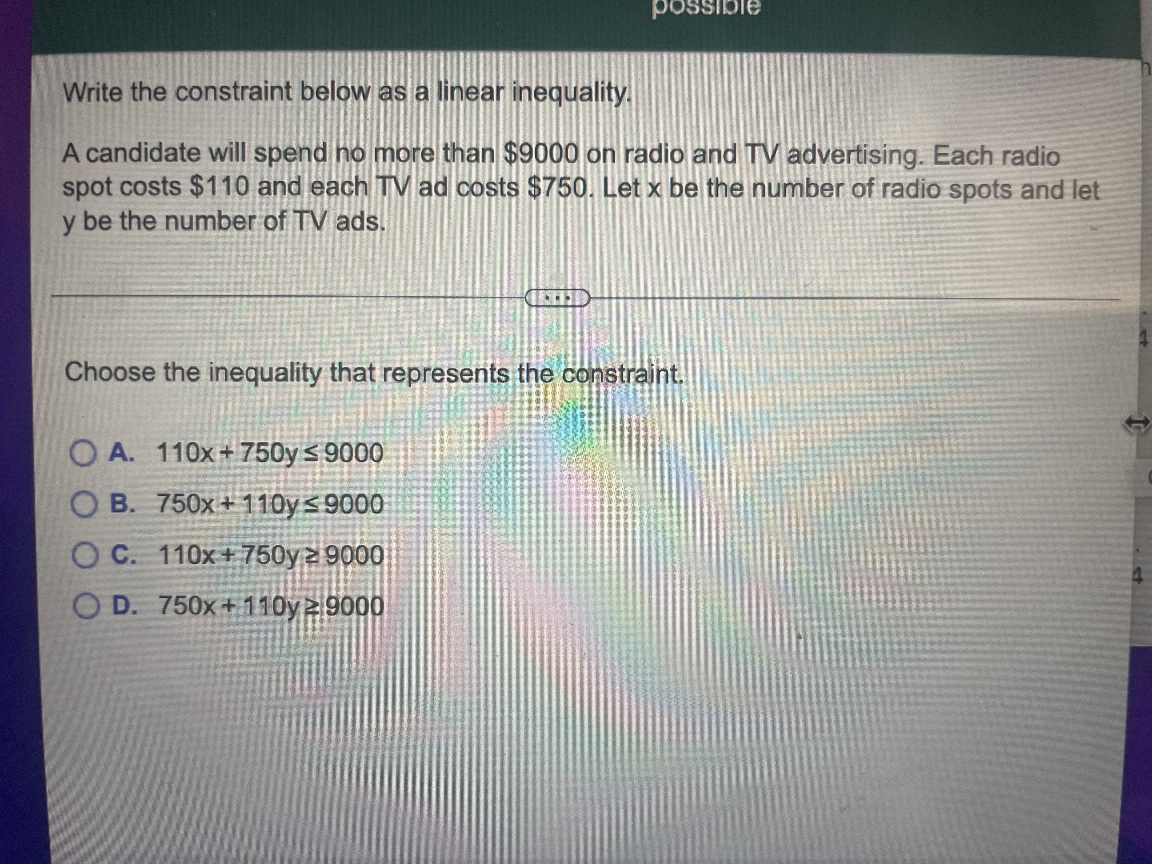 possible Write the constraint below as a linear