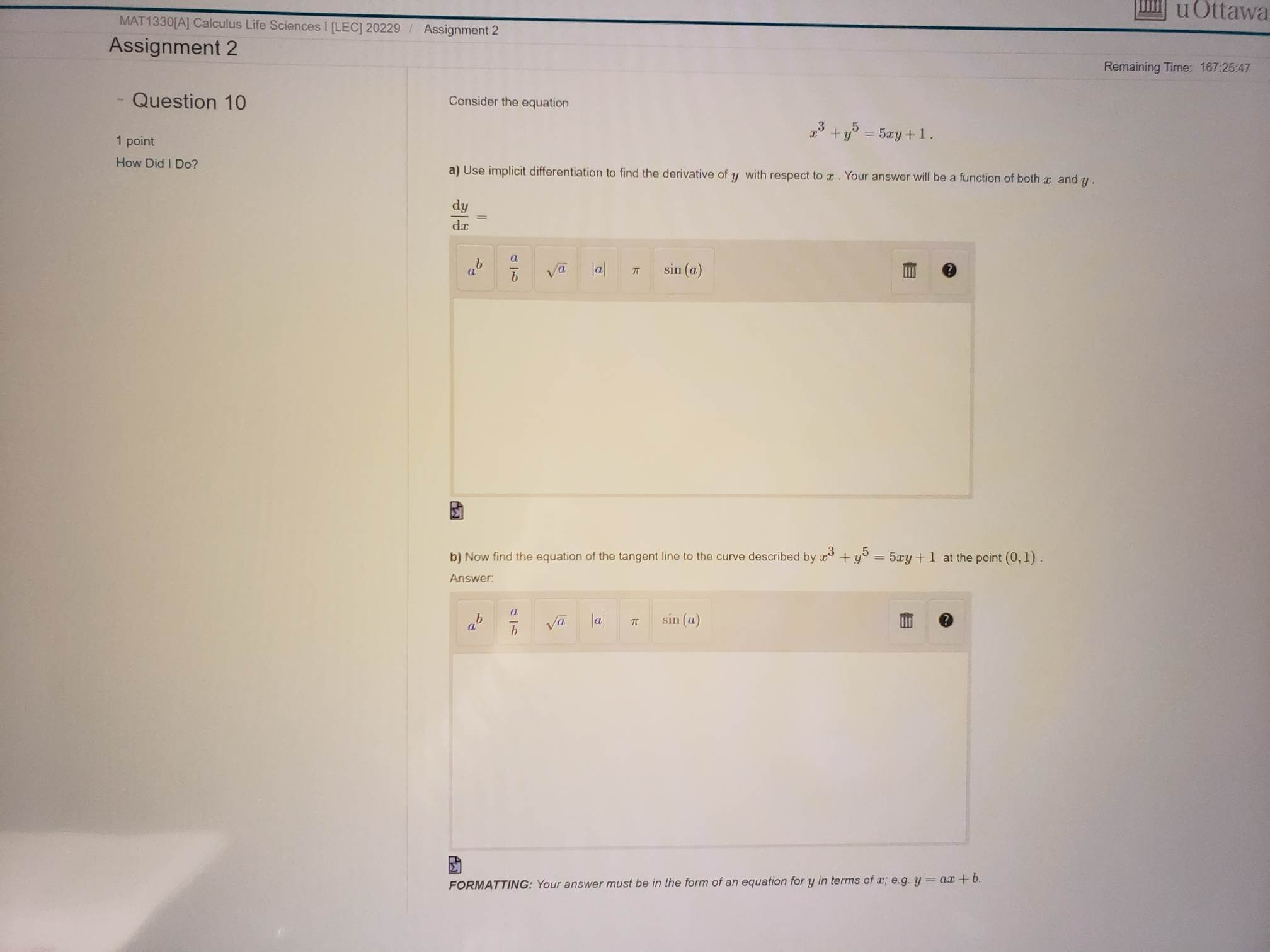 u Ottawa MAT1330[A] Calculus Life Sciences |