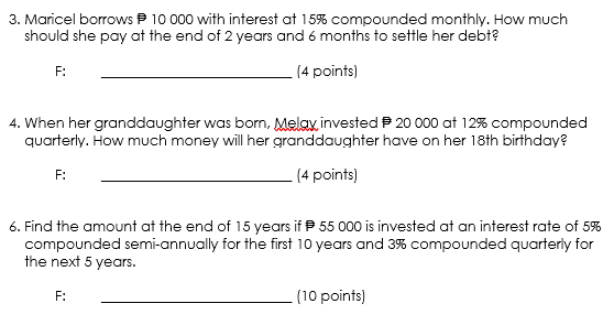3. Maricel borrows P 10 000 with interest at 15%