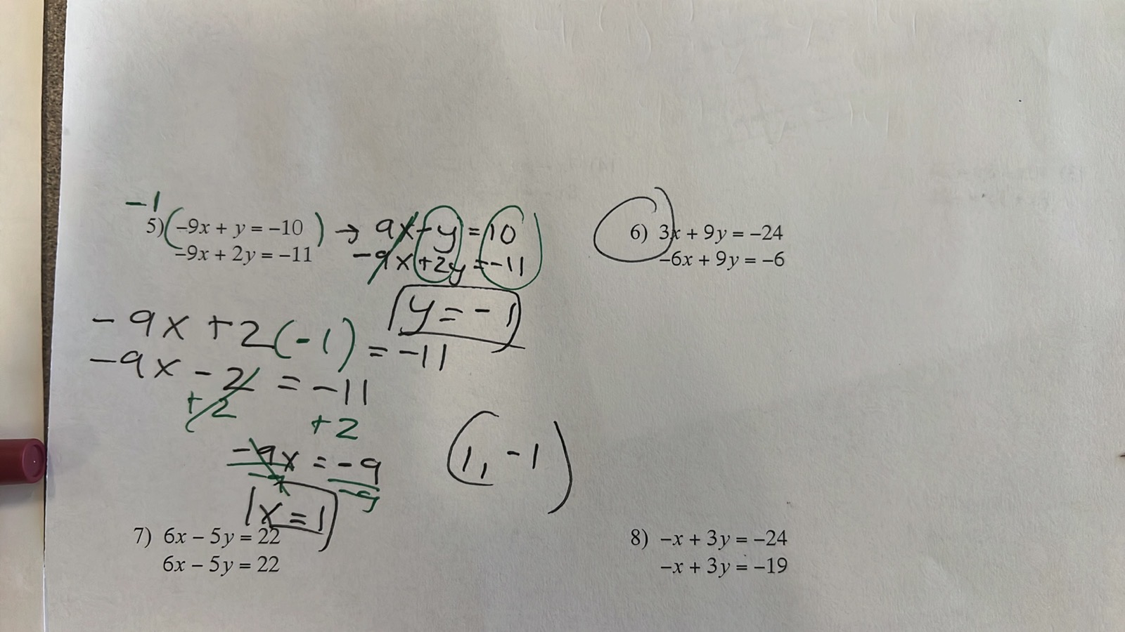 5) -9x+ y=-10 - axty = 1 10 6) 3x + 9y =-24 -9x +