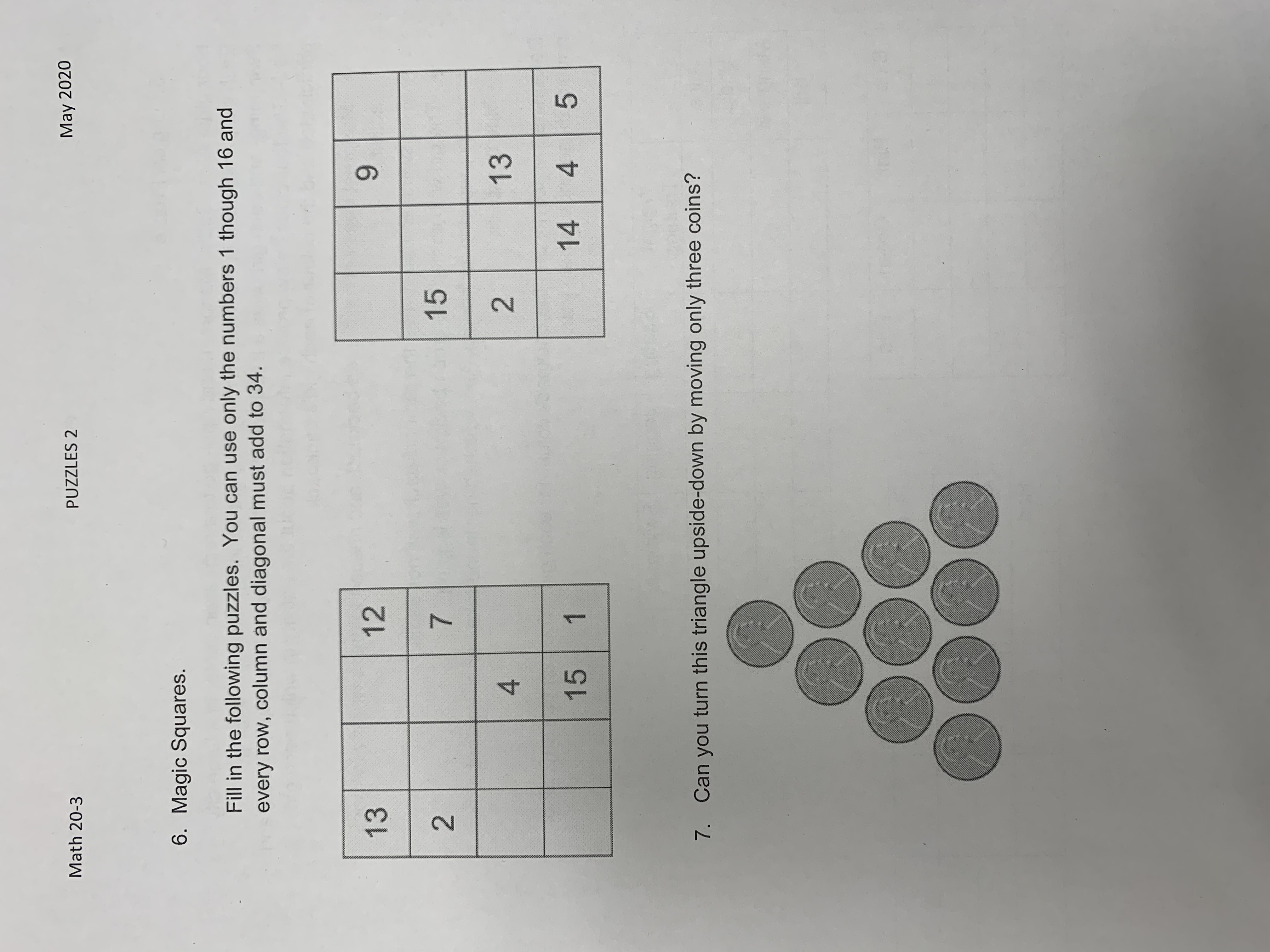 Math 30-2, Logical Puzzles assignment Math 20-3