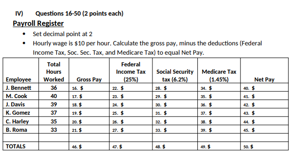IV) Questions 16-50 (2 points each) Payroll
