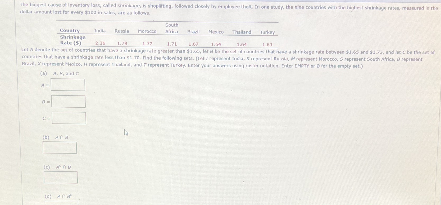 e) A^c U B^c The biggest cause of inventory loss,