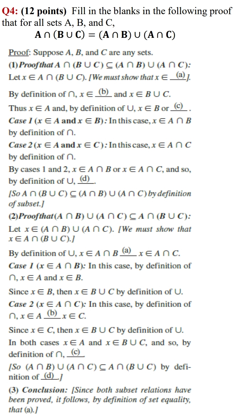 Q4: (12 points) Fill in the blanks in the