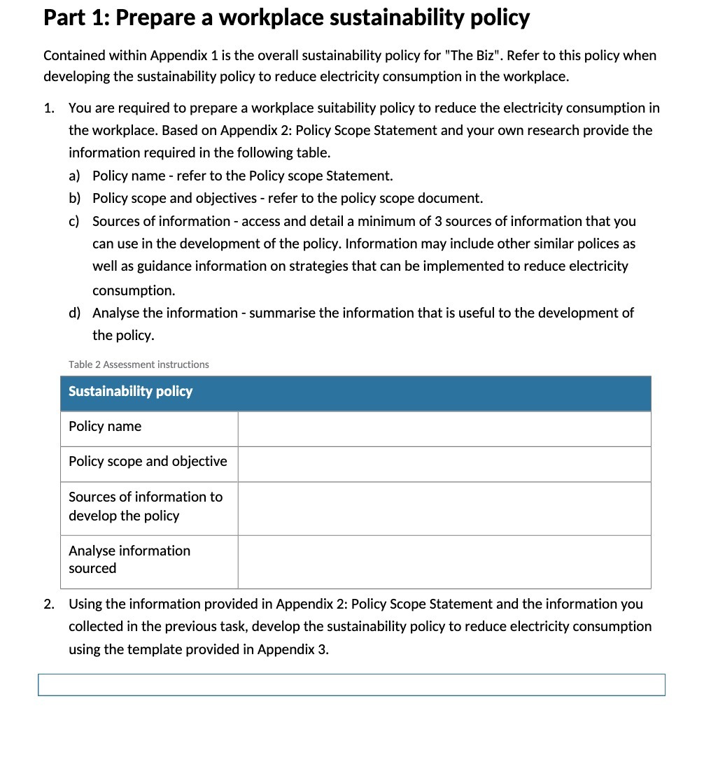 Part 1: Prepare a workplace sustainability policy