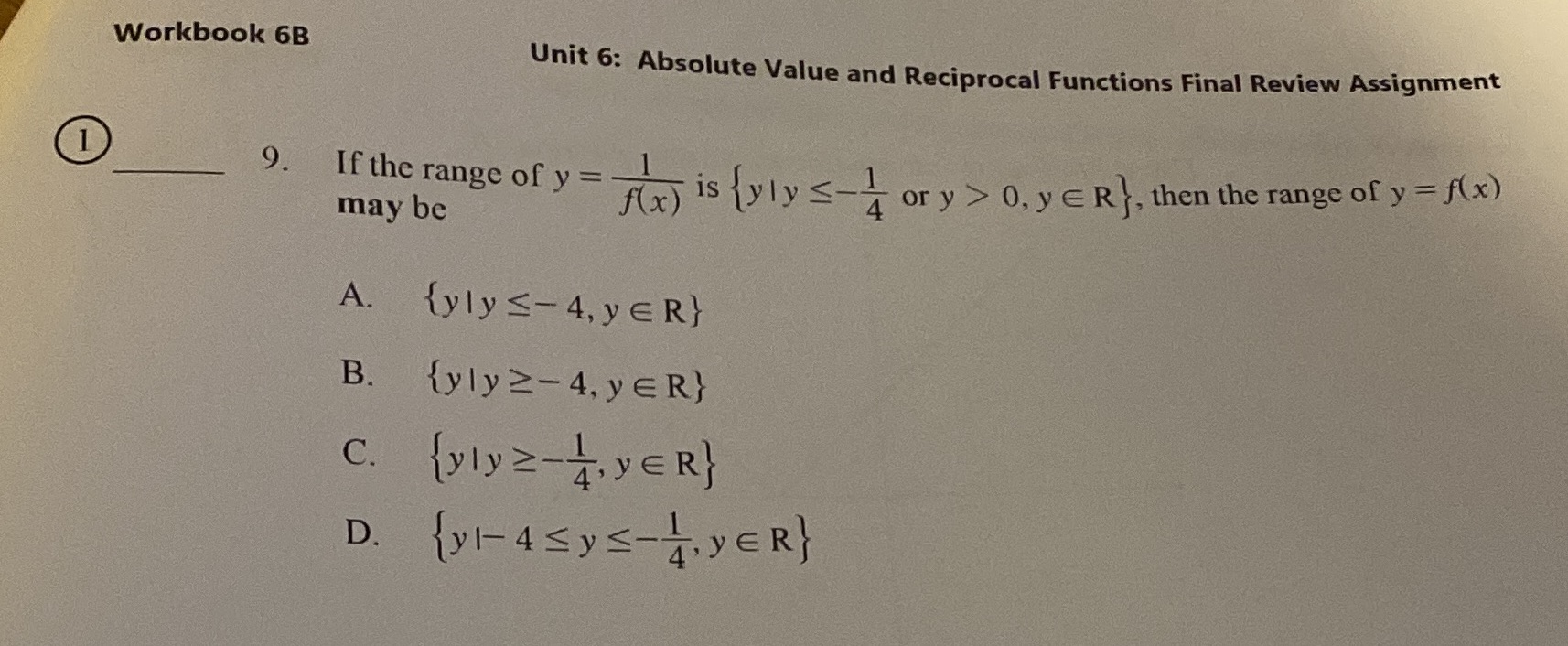 Workbook 6B Unit 6: Absolute Value and Reciprocal