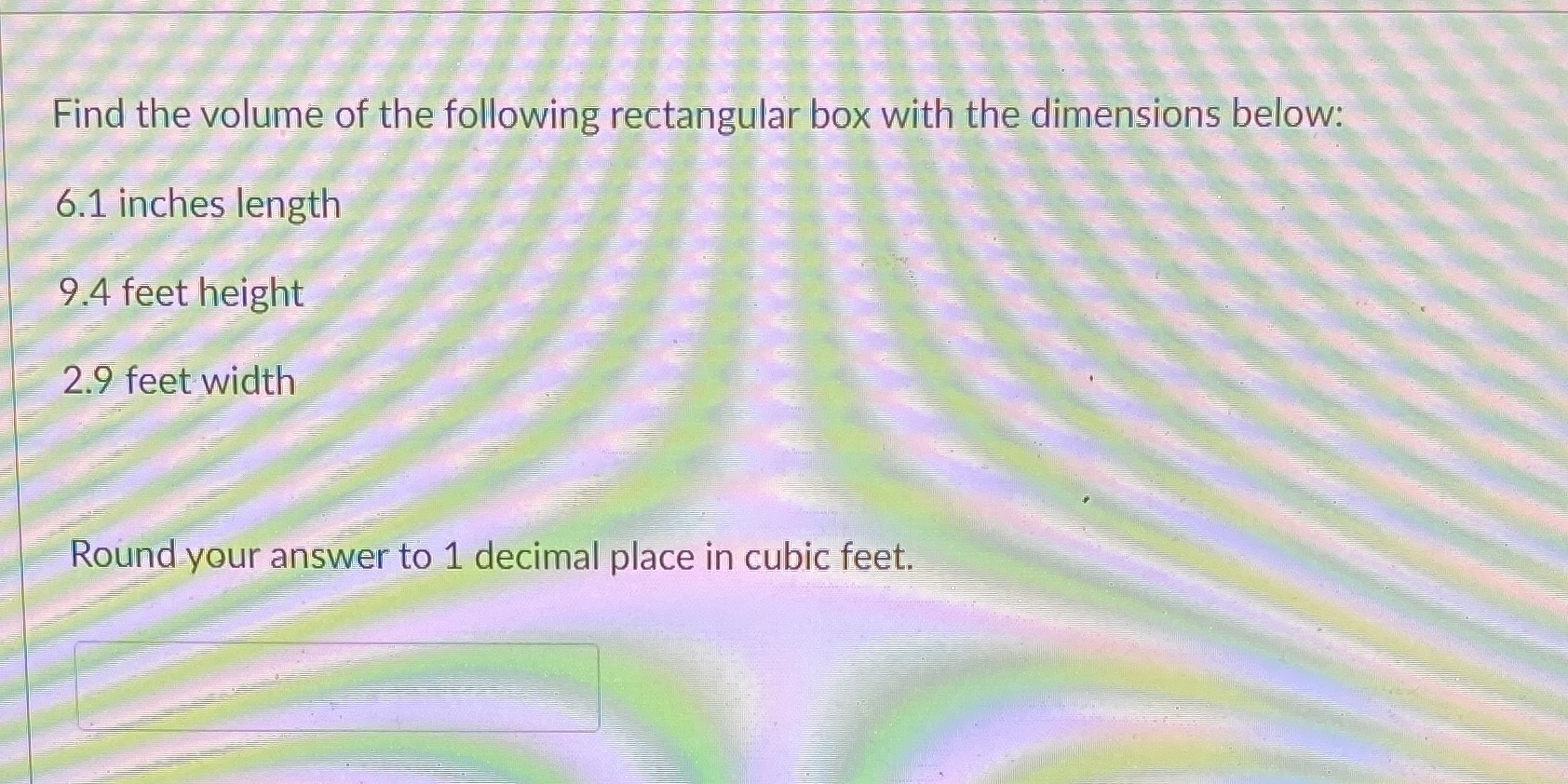 Find the volume of the following rectangular box