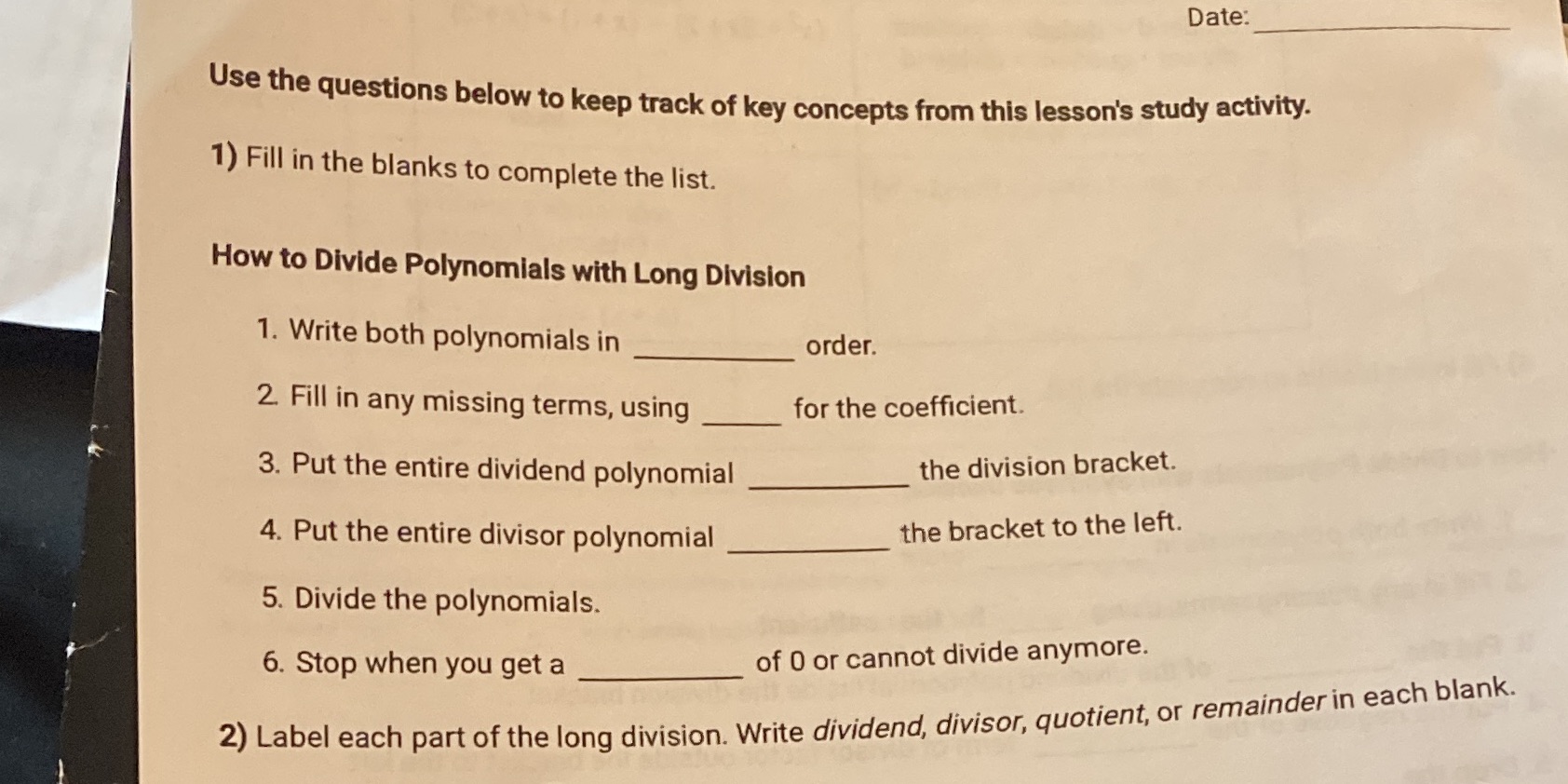 Date: Use the questions below to keep track of