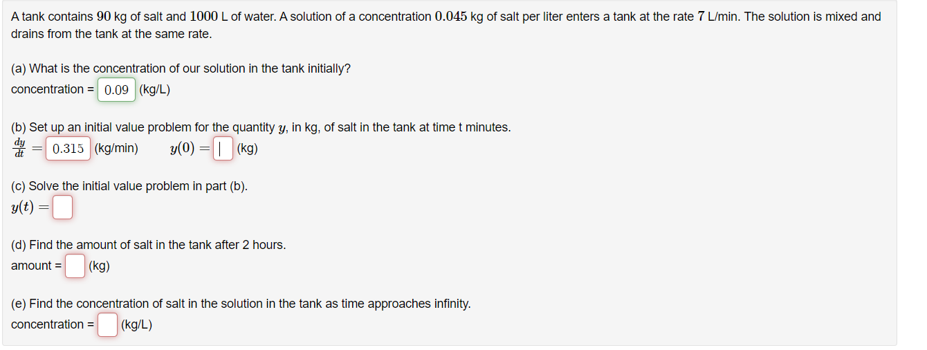 A tank contains 90 kg of salt and 1000 L of
