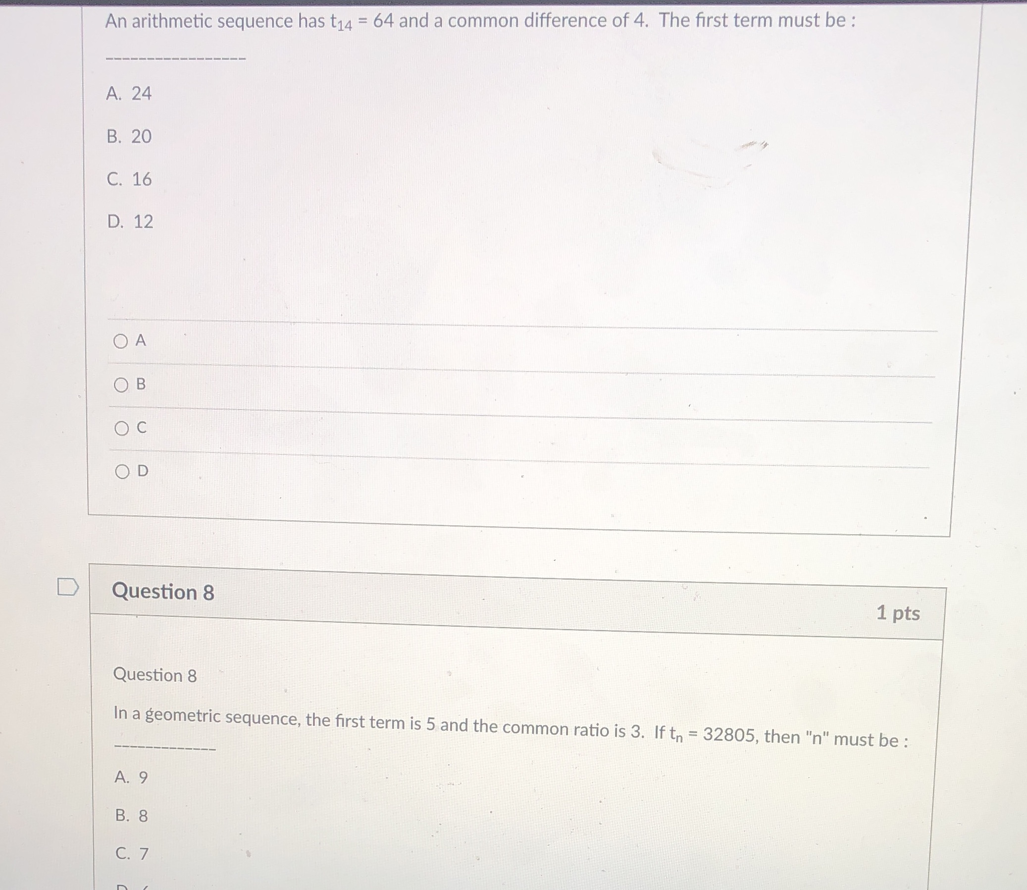 An arithmetic sequence has t14 = 64 and a common