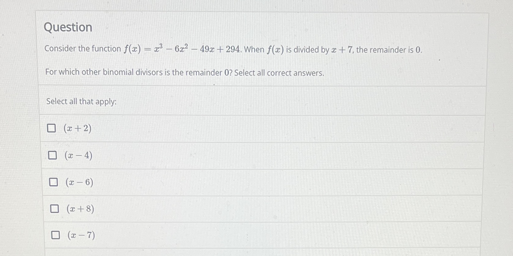 Question Consider the function f(ac) - 23 - 6x2 -